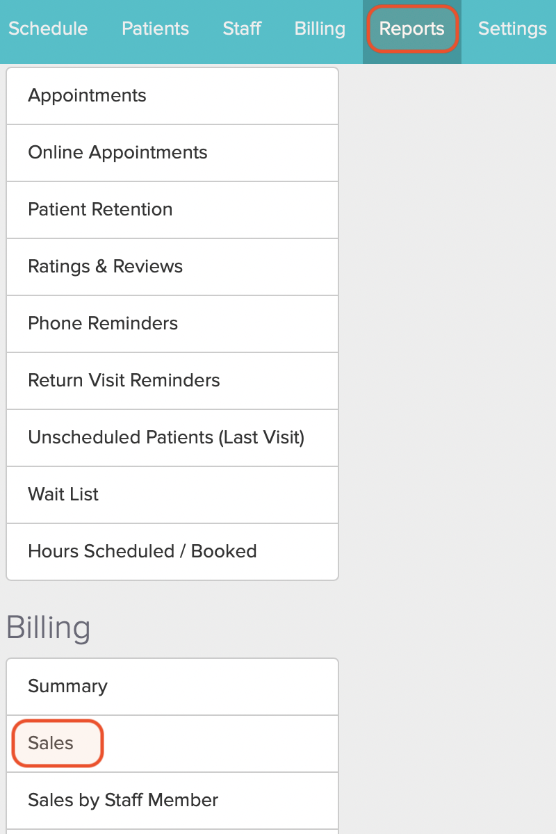 Screenshot of the Jane Reports page, showing the link to the Sales report